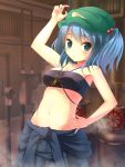  :o arm_up belly blue_eyes blue_hair blush breasts bug_(artist) cleavage hair_bobbles hair_ornament hand_on_hip hat highres jacket_around_waist kawashiro_nitori key looking_at_viewer mound_of_venus navel pipes solo touhou tubetop twintails 