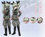  anchovy boots character_sheet concept_art dress_shirt expressions girls_und_panzer grin hair_ribbon hand_on_hip jacket military military_uniform necktie official_art pants red_eyes ribbon riding_crop shirt silver_hair smile solo standing translated turnaround twintails uniform 