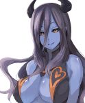 bare_shoulders black_hair black_sclera blue_skin breasts bust character_request demon_horns heart horns jonasan large_breasts long_hair orange_eyes rough simple_background smile solo summon_night_5 white_background 