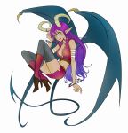  1girl absurdres blush breasts cleavage colored demon_girl demon_tail high_heels highres horns long_hair original pointy_ears purple_hair ranu-ido shoes skirt solo succubus tail thighhighs very_long_hair wings yellow_eyes 