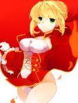 1girl ahoge blonde_hair bottomless breasts dress epaulettes fate/extra fate_(series) green_eyes hair_ribbon large_breasts no_panties panties ribbon saber_extra solo sumesiumee type-moon underwear