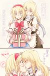  2girls alice_margatroid blonde_hair blush bowtie capelet gift hairband hand_on_another&#039;s_face hand_on_another's_face highres hiroya_masaharu juliet_sleeves kirisame_marisa kiss long_sleeves multiple_girls popped_collar profile puffy_long_sleeves puffy_sleeves scarf touhou translated translation_request wink yuri 