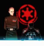  armor belt cape cyborg darth_vader fuyutsuki_kouzou galactic_empire gendou_pose gloves hands_clasped helmet ikari_gendou logo military military_uniform multiple_boys neon_genesis_evangelion nerv parody roguetwo science_fiction sitting star_wars table uniform wilhuff_tarkin 