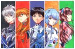  3girls ayanami_rei ayukko_(forest_village) blue_eyes blue_hair brown_hair expressionless glasses grey_hair hair_ornament hairband ikari_shinji looking_at_viewer makinami_mari_illustrious multiple_boys multiple_girls nagisa_kaworu neon_genesis_evangelion orange_hair paint_(medium) plugsuit rebuild_of_evangelion red_eyes serious shikinami_asuka_langley smile soryu_asuka_langley souryuu_asuka_langley traditional_media twintails 