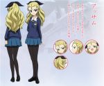  assam black_legwear blonde_hair blue_eyes bow character_sheet concept_art dress_shirt expressions girls_und_panzer hair_bow insignia long_hair miniskirt necktie official_art pantyhose pleated_skirt school_uniform shirt shoes skirt smile solo standing translated turnaround 