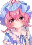  1girl alternate_hairstyle bangs blue_headwear closed_mouth looking_at_viewer low_twintails moni_monico pink_eyes pink_hair saigyouji_yuyuko short_hair simple_background smile solo touhou triangular_headpiece twintails upper_body white_background 