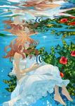  1girl barefoot brown_eyes brown_hair bubble fish flower highres original reflection skirt smile solo water 