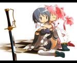  :3 animal_ears armband blue_eyes blue_hair bow cape cat_ears cat_tail checkered checkered_floor closed_eyes cuts dress eyes_closed gloves hair_bow haribote_(tarao) hug injury kaname_madoka kemonomimi_mode letterboxed magical_girl mahou_shoujo_madoka_magica miki_sayaka multiple_girls pink_hair short_hair short_twintails sitting sword tail thigh-highs thighhighs twintails weapon 