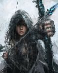  arrow black_hair bow_(weapon) hood long_hair original rain signature weapon wlop 