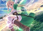  :d arm_up blonde_hair boots braid cloud clouds elf fairy_wings flying forest green_eyes knee_boots leafa long_hair nature open_mouth pointy_ears ponytail puffy_sleeves sheath sheathed sky smile solo sword sword_art_online thigh-highs thighhighs twin_braids uehara_yukihiko weapon white_legwear wings 