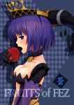  apple argyle argyle_background blush breasts cleavage cover cover_page fantasy_earth_zero food fruit gauntlets holding meile open_mouth purple_eyes purple_hair short_hair side solo title_drop violet_eyes 