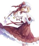  adult alternate_costume alternate_wings backless_outfit bare_shoulders blonde_hair bow breasts dress elbow_gloves flandre_scarlet gloves hat hat_bow koshaku looking_at_viewer red_dress red_eyes ribbon ribbon_choker short_hair side_ponytail simple_background smile solo star touhou white_background white_gloves wings 
