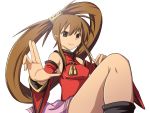  1girl abab0813 bare_shoulders beer_can breasts brown_eyes brown_hair china_dress chinese_clothes detached_sleeves fighting_stance guilty_gear hair_ornament hair_ring kuradoberi_jam long_hair skirt smile solo standing_on_one_leg twintails very_long_hair 