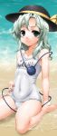  barefoot beach byeontae_jagga clothed_navel green_eyes hand_on_hip hat hat_ribbon komeiji_koishi long_hair looking_at_viewer partially_submerged ribbon school_swimsuit shiny shiny_clothes silver_hair sitting skindentation smile solo swimsuit third_eye touhou wariza water white_school_swimsuit 