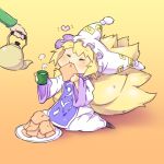  :3 aburaage artist_request blonde_hair blush closed_eyes cup eating eyes_closed food fox_tail hat kaminari multiple_tails short_hair simple_background smile solo tail touhou yakumo_ran 