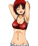  armpits arms_behind_head arms_up bandaid breasts cleavage dead_or_alive dead_or_alive_5 midriff mila_(dead_or_alive) mila_(doa) mound_of_venus najaran_(pixiv) navel red_eyes red_hair redhead short_hair shorts solo sports_bra wink 