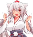  ;d animal_ears blush bouncing_breasts breasts bust clenched_hands collarbone hasu_(hk_works) hat inubashiri_momiji open_mouth red_eyes simple_background smile solo tail tokin_hat touhou white_background white_hair wink wolf_ears wolf_tail 