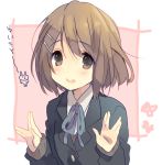  :d blazer blush brown_eyes brown_hair hair_ornament hairclip hirasawa_yui k-on! looking_at_viewer open_mouth ousaka_nozomi school_uniform short_hair smile solo vulcan_salute 