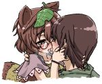  1girl animal_ears blush brown_eyes brown_hair couple deku_(pixiv26269) futatsuiwa_mamizou glasses kiss leaf leaf_on_head lowres open_mouth raccoon_ears raccoon_tail saliva saliva_trail short_hair simple_background tail tanuki touhou white_background 