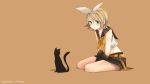  animal belt black_cat blonde_hair blue_eyes cat detached_sleeves hair_ornament hairband hairclip highres kagamine_rin kuronyanko midriff short_hair shorts signature simple_background staring vocaloid 