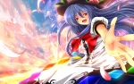  blue_hair bow cloud clouds dress food fruit hat highres hinanawi_tenshi long_hair nekominase open_mouth outstretched_arm peach petals red_eyes ribbon short_sleeves smile solo sunset touhou 