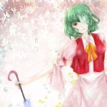  alternate_costume bowtie butterfly dress green_hair highres kazami_yuuka looking_at_viewer minami_yuka one-eyed outstretched_arm puffy_sleeves red_eyes short_hair solo touhou umbrella vest white_dress wide_sleeves 