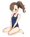  bare_shoulders barefoot blush brown_hair butterfly_hair_ornament chousoku_henkei_gyrozetter feet frown gagajya green_eyes hair_ornament inaba_rinne long_hair school_swimsuit side_ponytail simple_background sitting small_breasts solo swimsuit toenails toes wariza wavy_mouth white_background 