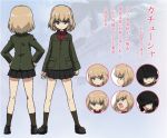  black_legwear blonde_hair blue_eyes character_sheet concept_art dress_shirt expressions frown girls_und_panzer hands_on_hips jacket katyusha military military_uniform miniskirt official_art pleated_skirt shirt shoes short_hair skirt socks solo standing stare translated turnaround uniform 