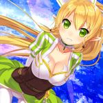  blonde_hair blush braid breasts buntan cleavage cloud clouds elf fairy_wings green_eyes grin large_breasts leafa long_hair looking_at_viewer pointy_ears ponytail puffy_sleeves sky smile solo sword_art_online twin_braids wings 