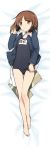  bare_legs barefoot bed_sheet blush bob_cut brown_eyes brown_hair camouflage dakimakura feet girls_und_panzer hand_on_headphones headphones headphones_around_neck headset highres jacket looking_at_viewer lying military name_tag nishizumi_miho official_art on_back open_clothes open_jacket school_swimsuit shimada_fumikane solo swimsuit swimsuit_under_clothes uniform 