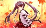  :d antenna_hair autumn black_hair highres hinata_haruka ikegami_akane leaf open_mouth plaid plaid_skirt red_eyes skirt smile solo twintails wallpaper with_ribbon 