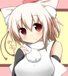  animal_ears blush bust detached_sleeves eating gauntlets hat inubashiri_momiji looking_at_viewer meatball mii red_eyes shirt short_hair silver_hair solo tokin_hat touhou wolf_ears woof 