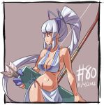  arrow bikini_top blue_eyes bow_(weapon) breasts cleavage contrapposto hairband junkpuyo long_hair majikina_mina ponytail quiver ribbon samurai_spirits sarong sideboob single_glove solo tan very_long_hair weapon white_hair 