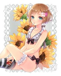  aqua_eyes bikini blush brown_hair collarbone flower garters haagen-dazs hair_flower hair_ornament huang_baoling mouth_hold short_hair single_thighhigh solo striped striped_bikini striped_legwear striped_swimsuit sunflower swimsuit thigh-highs thigh_strap thighhighs tiger_&amp;_bunny tub tukino_(panna) 