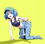  :d bare_shoulders blue_eyes blue_hair boots collarbone hair_bobbles hair_ornament hat holding jacket_around_waist jewelry kawashiro_nitori key kneeling navel open_mouth pendant rubber_boots saya_(sayamendo) shadow simple_background smile solo tank_top touhou twintails wrench yellow_background 