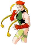  90s ahoge bare_shoulders beret braid cammy_white camouflage capcom elbow_gloves fighting_stance fingerless_gloves gloves hat huge_ahoge leotard long_hair low-tied_long_hair muscle solo street_fighter street_fighter_ii twin_braids 