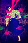  acid_trip alice0hatter barefoot colorful disembodied_limb glasses hakama highres itoshiki_nozomu japanese_clothes kimono male official_style outstretched_hand patterned_background sayonara_zetsubou_sensei scarf 