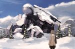  black_legwear brown_hair cannon forest from_behind mecha mountain nature original pantyhose pleated_skirt scarf science_fiction short_hair skirt sky snow solo tree walker xiao_qiang_(overseas) 