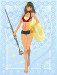  barefoot bikini bowtie bracelet brown_hair dark_skin earrings end_breaker! flower hair_flower hair_ornament jewelry red_eyes scepter short_hair short_shorts shorts swimsuit walking 