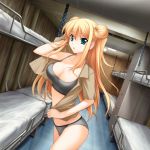  1girl bare_shoulders blonde_hair bra breasts cleavage double_bun dutch_angle female game_cg green_eyes highres himukai_kyousuke large_breasts lilia_kjellberg long_hair muvluv muvluv_alternative_chronicles open_mouth open_shirt panties pantsu solo strap_gap underwear uniform 