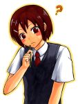  auburn_hair blush_stickers bob_cut brown_eyes brown_hair danshi_koukousei_no_nichijou frown hair_ornament hairclip marker_(medium) necktie pencil ringo-chan_(danshi_koukousei) school_uniform shizuku_kii short_hair sweater_vest traditional_media 