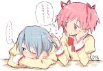  2girls blue_eyes blue_hair blush crossed_arms dated hair_ornament hairclip kamekoya_sato kaname_madoka mahou_shoujo_madoka_magica miki_sayaka multiple_girls pink_eyes pink_hair playing_with_hair rough short_hair sweatdrop thought_bubble translated translation_request twintails wink 