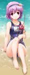  bare_shoulders barefoot beach blush byeontae_jagga collarbone feet hairband heart komeiji_satori name_tag one-piece_swimsuit parted_lips partially_submerged pink_hair red_eyes school_swimsuit shiny shiny_clothes short_hair sitting skindentation solo swimsuit third_eye toenails toes touhou water 