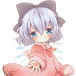  alternate_costume blue_eyes blue_hair blush bow chibi cirno hair_bow ice ice_wings looking_at_viewer shii_(cocoa) smile solo touhou white_background wings 