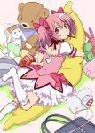  ayukko_(forest_village) body_pillow bow bubble_skirt digital_media_player food frills girl_on_banana hair_bow kaname_madoka kneehighs kyubey looking_at_viewer looking_up lying magical_girl mahou_shoujo_madoka_magica pink_eyes pink_hair pocky short_twintails sketch stuffed_animal stuffed_bunny stuffed_pig stuffed_toy teddy_bear twintails 