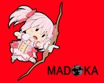  blush_stickers bow bow_(weapon) character_name chibi earth gloves hair_ribbon kaname_madoka mahou_shoujo_madoka_magica mother_(game) open_mouth parody pink_hair pointing ribbon short_twintails simple_background solid_circle_eyes solo style_parody tsukumo twintails weapon 