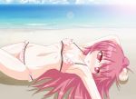  ahoge beach bikini breasts kagerou_(kers) long_hair navel ocean on_back pink_eyes pink_hair ponytail solo sugiura_ayano swimsuit yuru_yuri 