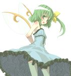  1girl :d alternate_costume arms_behind_back bare_shoulders blush daiyousei dress green_eyes green_hair green_legwear kuronuko_neero long_hair looking_at_viewer open_mouth side_ponytail simple_background smile solo thigh-highs thighhighs touhou white_background wings 