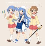  :o aioi_yuuko apron arm_behind_head blue_eyes blue_hair blush brown_eyes brown_hair crossover dress flag flying_sweatdrops hair_cubes hair_ornament hands_in_pockets hat highres ikamusume kneehighs loafers long_hair naganohara_mio nichijou open_mouth pleated_skirt school_uniform shinryaku!_ikamusume shoes short_hair short_twintails skirt smile sword tentacle_hair twintails uchako v walking weapon white_legwear 