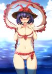  alternate_headwear bare_shoulders bikini blue_sky blush breast_suppress breasts cleavage cloud clouds embarrassed frilled_bikini frills hat heart heart_hands large_breasts legs looking_at_viewer nagae_iku narumizg navel ocean open_mouth purple_hair red_eyes revision shawl short_hair sky solo straw_hat swimsuit thighs touhou water wide_hips 